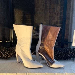 Chic and Stylish White Leather and PVC Cutout Boots.